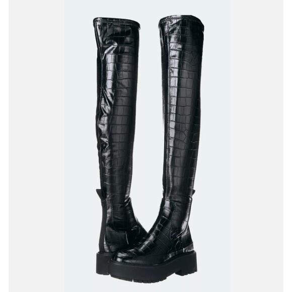 Franco Sarto Janna Over-The-Knee Boots Croc Embossed Faux Leather Black Size 8M - Picture 1 of 10